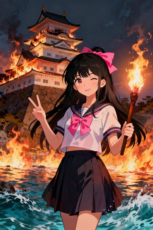 Winking anime schoolgirl holds a torch and peace sign, standing before a burning Japanese castle