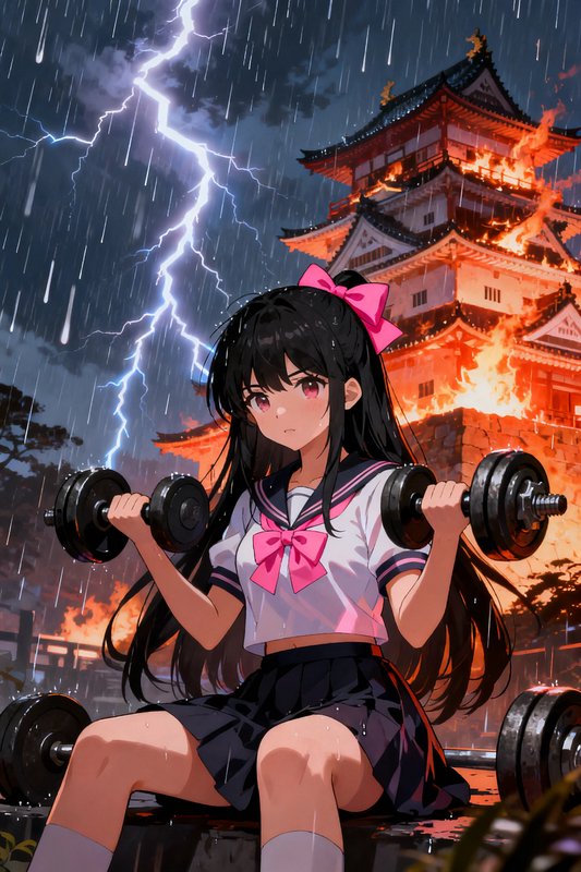 Anime schoolgirl lifts dumbbells as a Japanese castle burns behind her in a thunderstorm