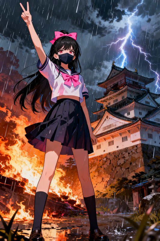 Masked anime schoolgirl raises a peace sign amid storm, fire, lightning, and a Japanese castle