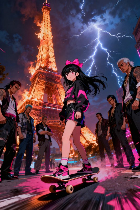 Anime skater girl faces a group of tough men in front of a burning Eiffel Tower under a lightning...