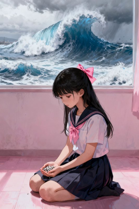 Anime schoolgirl kneeling in a pink room holding pebbles, as giant storm waves fill the window be...