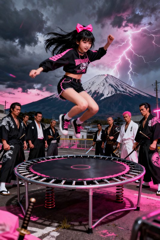 Anime girl with a pink bow jumps on a trampoline as samurai watch under stormy skies near Mount Fuji