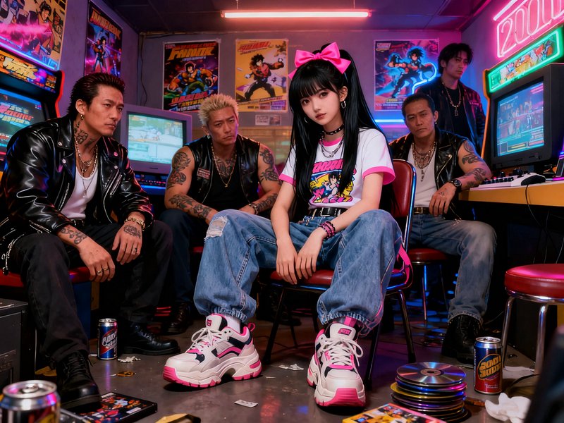 Young woman with a large pink hair bow sits center surrounded by tattooed men in a neon lit retro...