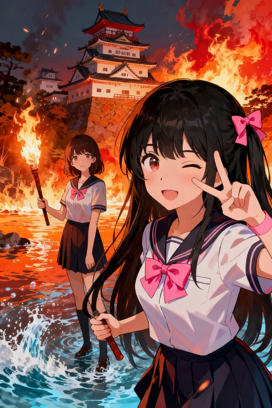 Two anime schoolgirls in sailor uniforms hold torches standing in shallow water before a burning ...