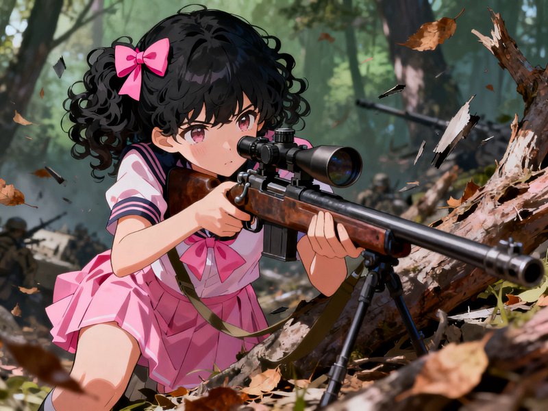 Curly haired anime schoolgirl in pink uniform aiming a scoped sniper rifle from a forest combat p...
