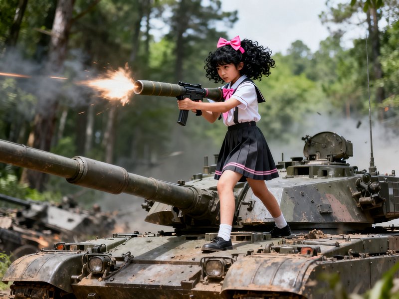Girl in a sailor school uniform fires a weapon while standing atop a military tank in a forest co...