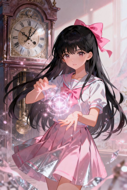Anime magical girl in pink sailor uniform conjures a glowing magic circle beside an antique grand...