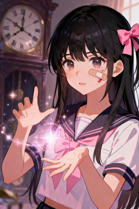 Anime schoolgirl with a cheek bandage conjures glowing sparkling magic near a vintage grandfather...
