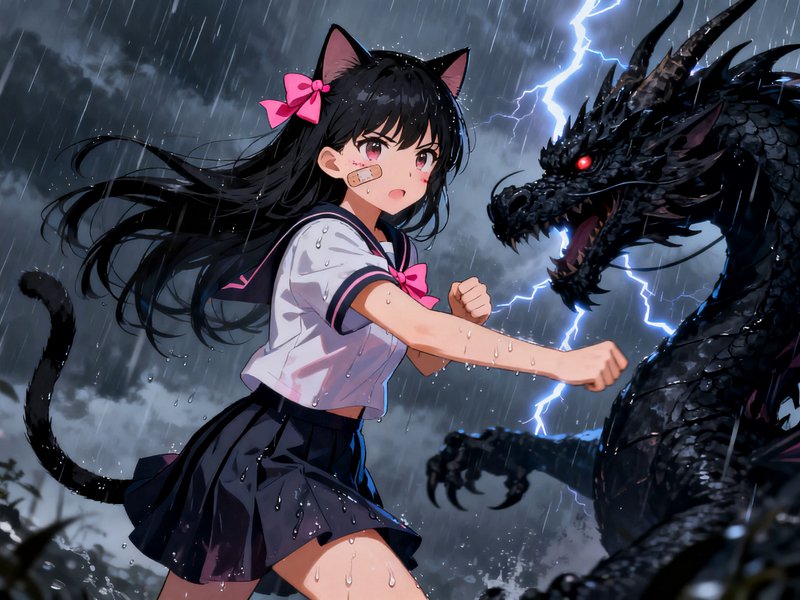 Fierce anime cat girl in a school uniform faces off against a dark dragon during a rainy thunders...
