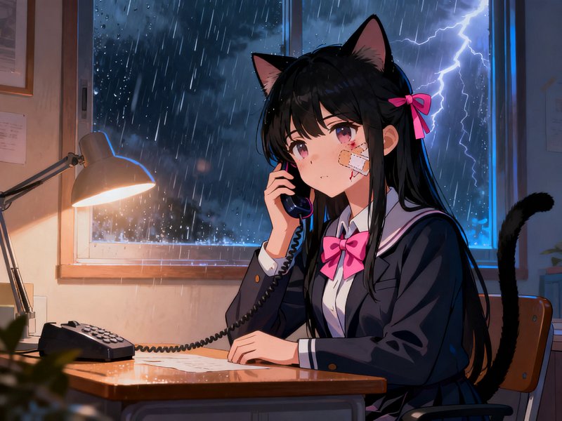 Anime cat girl in school uniform talks on a landline at a desk during a rainy thunderstorm