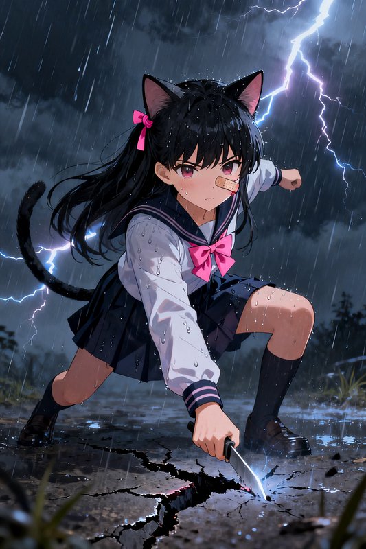 Fierce cat-eared anime school girl holds a knife in a battle pose under a stormy thunderstorm wit...