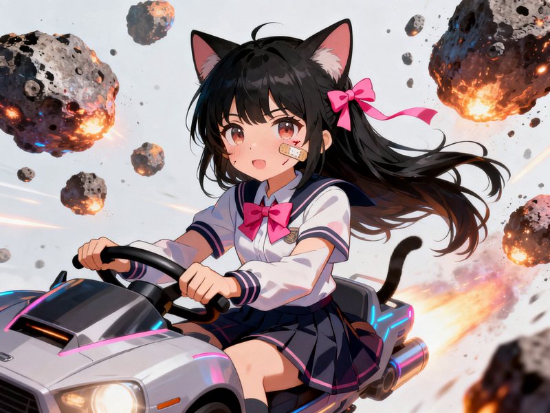 Cat ear anime school girl driving a futuristic go kart past burning falling meteors