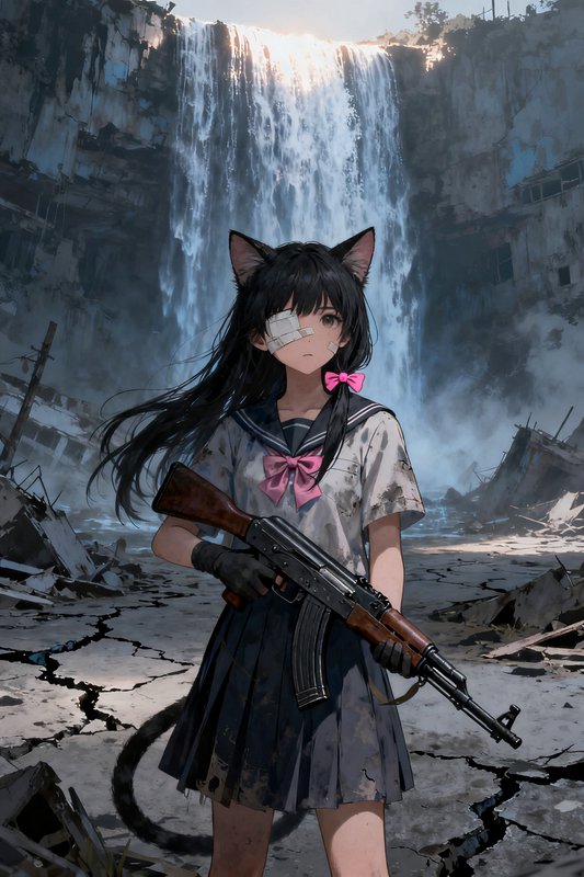 Anime cat girl in tattered school uniform holding an AK rifle standing in post-apocalyptic ruins ...