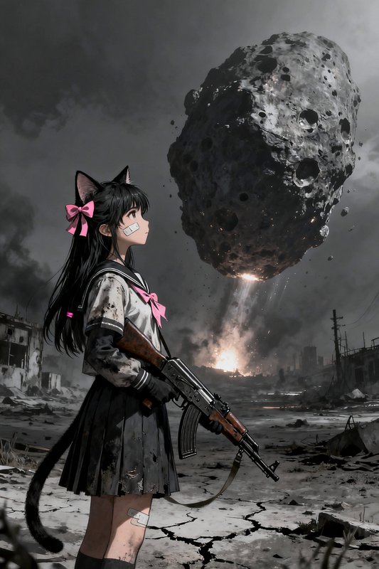 Anime cat-eared schoolgirl holding a rifle watches a descending meteor over destroyed apocalyptic...