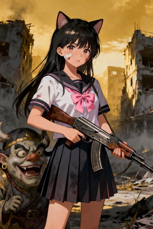Battle-wounded cat ear anime schoolgirl holds an AK rifle beside a goblin ally in bombed city ruins