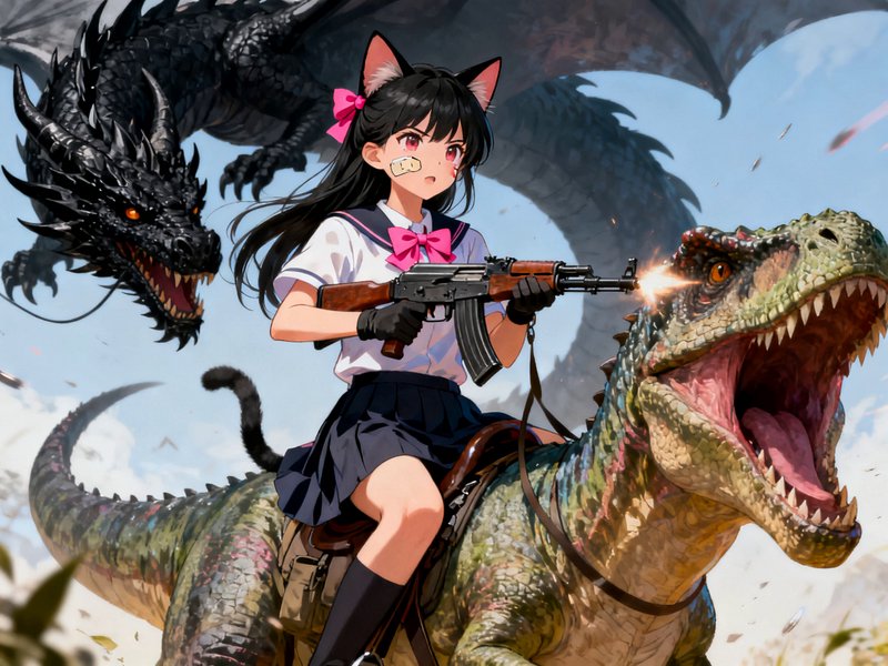 Anime cat-eared schoolgirl firing an AK rifle while riding a roaring T-rex with a black dragon fl...