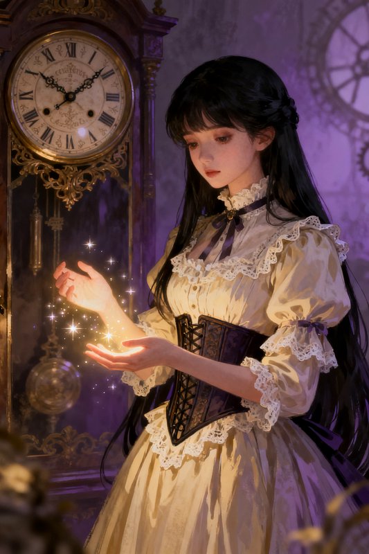 Young woman in Victorian gown holding glowing sparkles beside an ornate grandfather clock