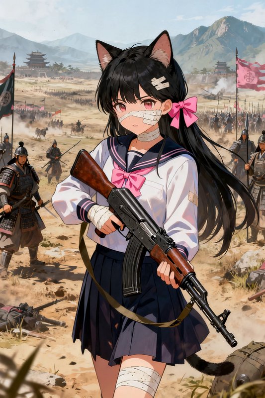 Bandaged nekomimi schoolgirl holding an AK rifle on an ancient battlefield