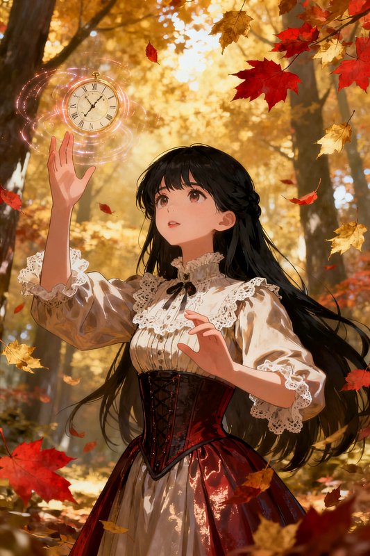 Anime girl in a lace victorian gown reaches for a glowing floating magical pocket watch in an aut...