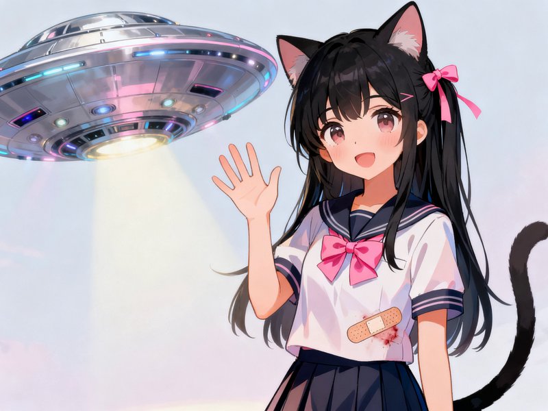 Cute cat-eared anime girl waves as a metallic UFO hovers with a glowing light beam