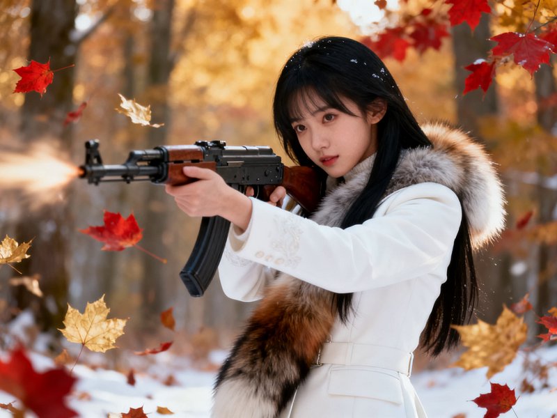 Young woman in a fur-lined white winter coat aims a firing AK rifle in a snowy autumn maple forest