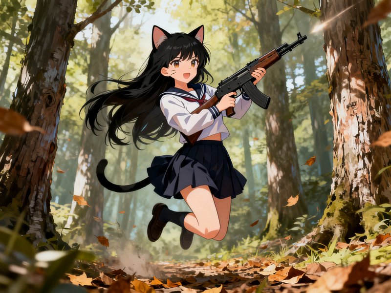 Cat-eared anime schoolgirl jumps mid-air firing an AK rifle in a sunlit autumn forest