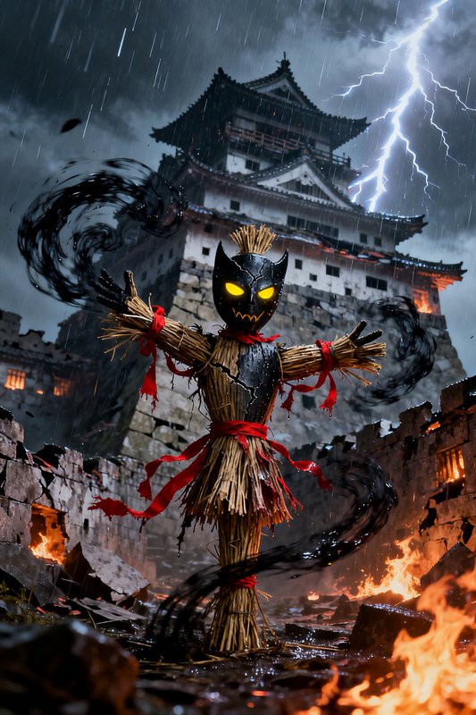Menacing straw samurai scarecrow summons dark magic before a burning castle in a thunderstorm