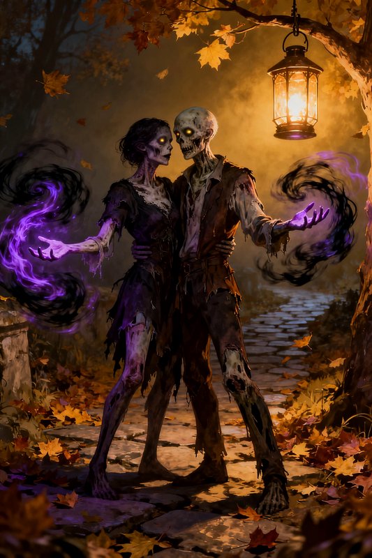 Skeletal undead couple embraces while casting glowing purple magic on a misty lantern-lit autumn ...