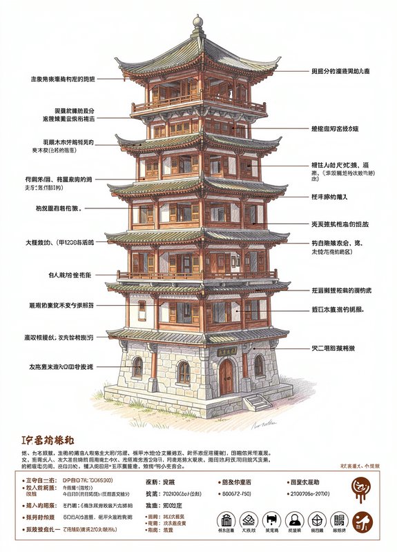 Multi-tiered Chinese pagoda illustration with labeled architectural features.