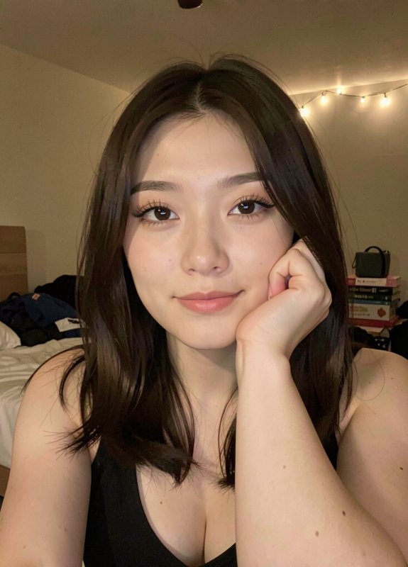 Young woman with shoulder-length dark hair resting her chin on her hand in a cozy bedroom.