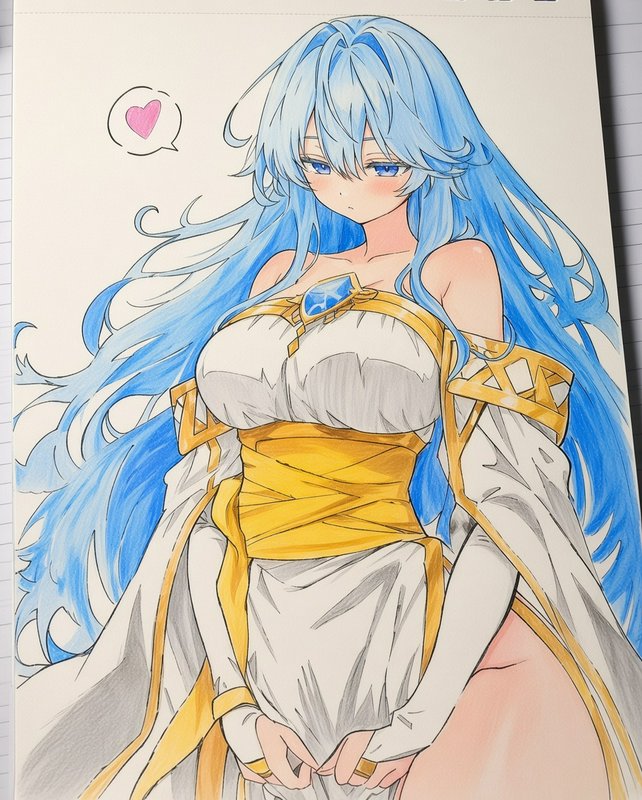 Hand drawn marker sketch of a blushing anime girl with long blue hair wearing a fantasy royal gown