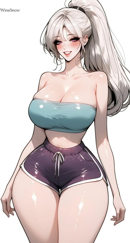 Blushing anime woman with long platinum ponytail in casual loungewear on plain white background