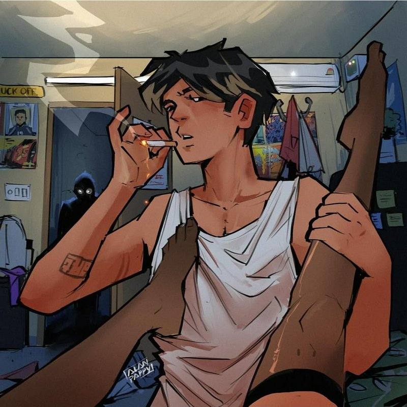 Stylized digital illustration of a young man smoking in a cluttered room.