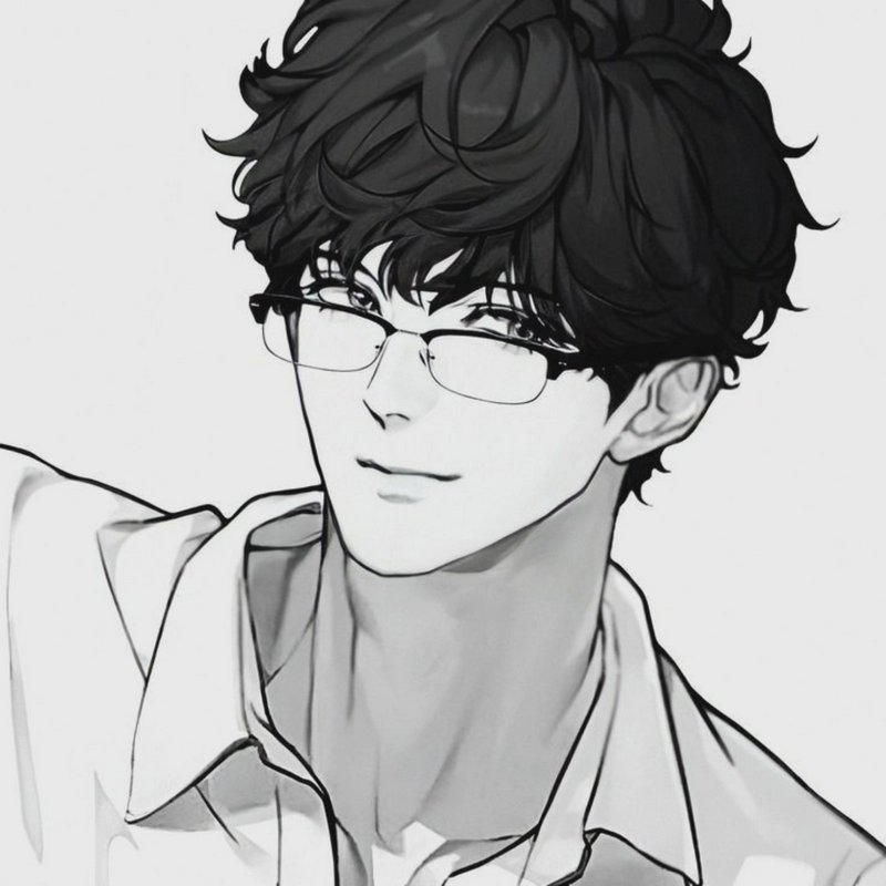 Grayscale anime-style portrait of a young man with glasses and tousled dark hair.