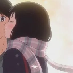 Anime couple kissing outdoors with a plaid scarf in warm, pastel light.