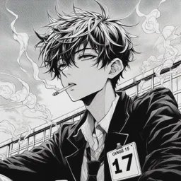 Black-and-white manga-style illustration of a young man with messy hair, cigarette, leaning on a ...