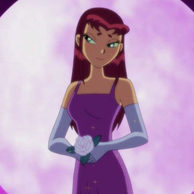 Animated female character in a purple gown with long maroon hair, white gloves, and a white rose.