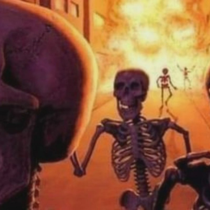 Skeletons in a fiery orange hallway, cartoonish spooky scene with glowing flames.