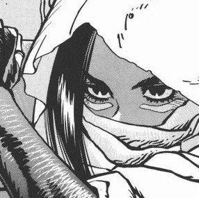 Close-up manga-style illustration of a woman with eyes visible behind a scarf or hijab, intense g...