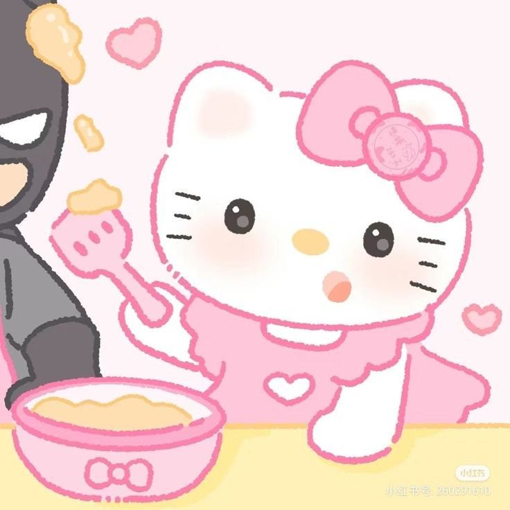 Cute Hello Kitty in pink, whisking batter beside a pink mixing bowl with hearts.
