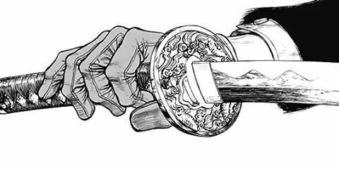 Close-up of a hand gripping a katana with an ornate tsuba guard in a detailed black-and-white ill...