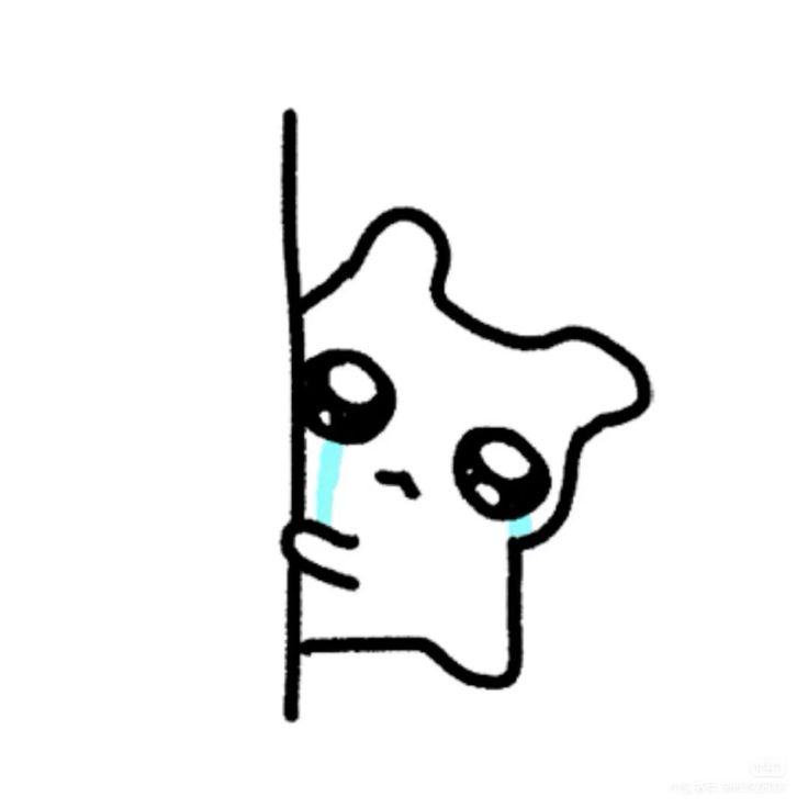 Cute cartoon character peeking from behind a vertical line, crying with teardrops.