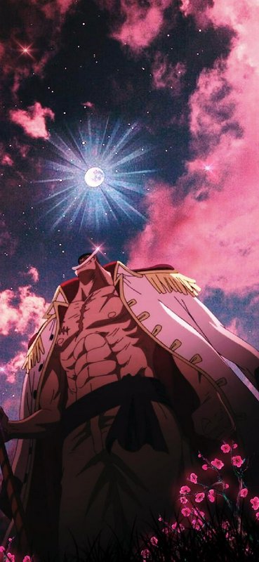 Anime-style muscular figure in a gold-epauleted military coat under a moonlit pink sky.
