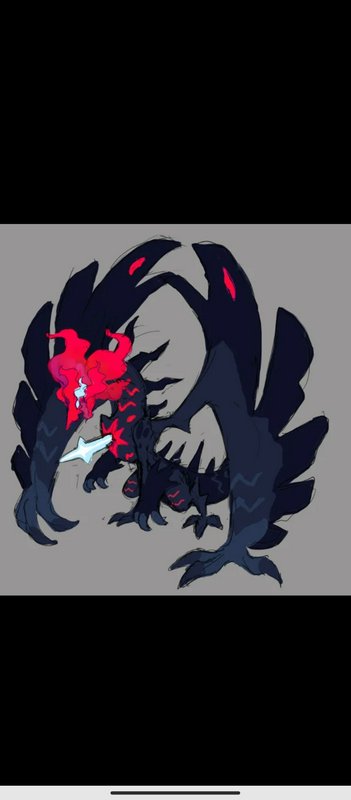 Dark dragon with red fiery mane and blue blade on a gray background.