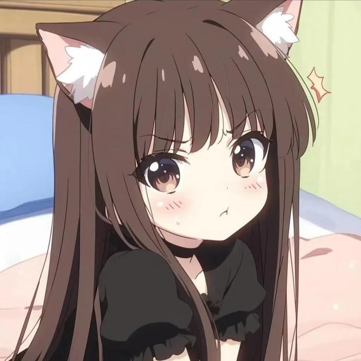 Anime girl with cat ears and long brown hair making a pouty face indoors.