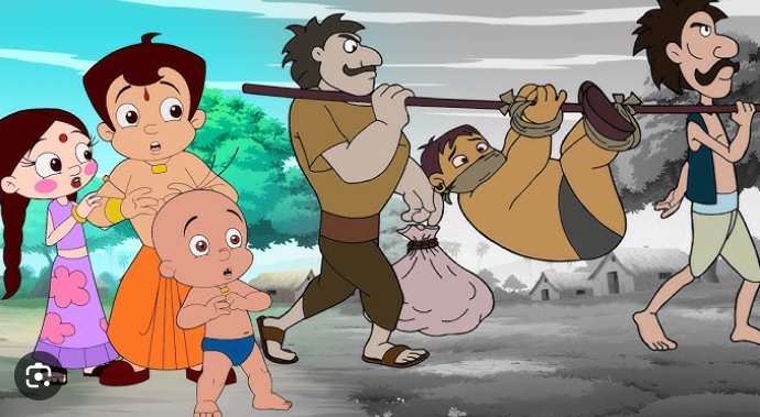 Cartoon family watches as rescuers carry a person tied to a pole in a dusty village scene.