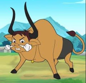 Cartoon brown bull with large black horns in a fighting stance on a grassy field.