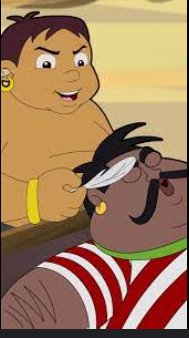 Cartoon scene with a large, shirtless man wearing a yellow wristband and gold earring confronting...