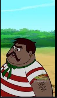 Cartoon man with a thick moustache in a red-and-white striped shirt and green neckerchief outdoors.