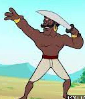Cartoon muscular warrior with a curved sword in a sunny landscape